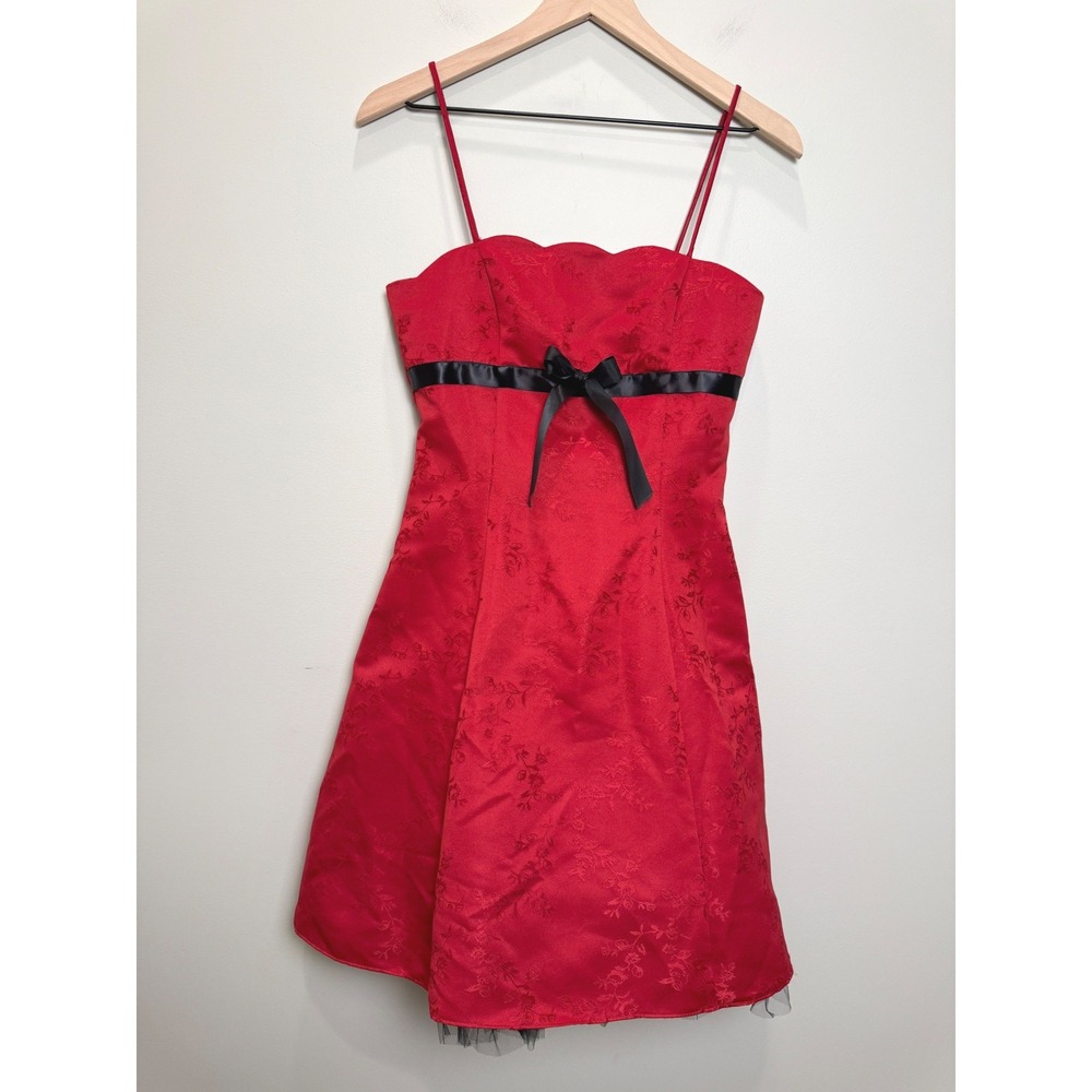 VTG Y2K XS/S Urban Girl Nites Red Floral Satin Black Tulle Bow Sleeveless Dress